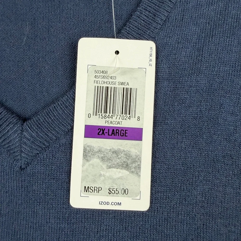 IZOD Fieldhouse Sweater Men's XXL V-Neck Pullover‎ Blue Peacoat 45FS692403 NWT